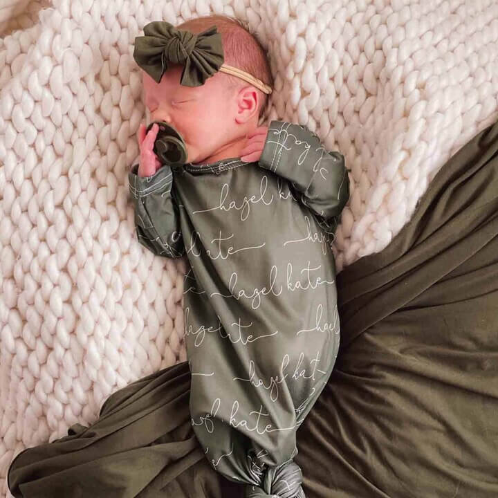 solid olive personalized newborn knot gown