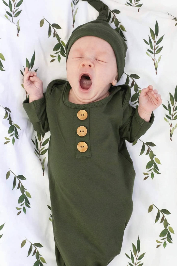 green knot gown for baby with matching hat 