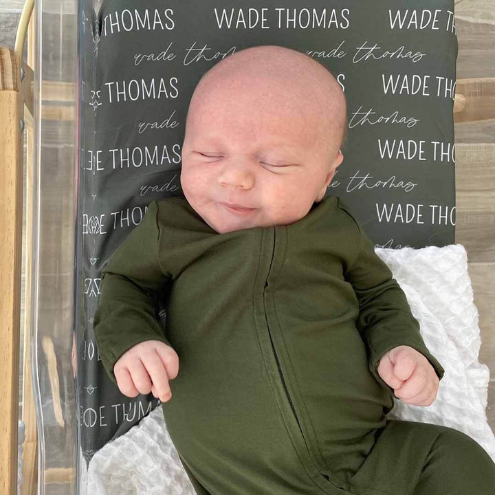 personalized olive baby name swaddle blanket block and script 