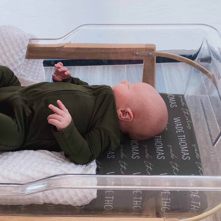 olive block and script baby name swaddle blanket 