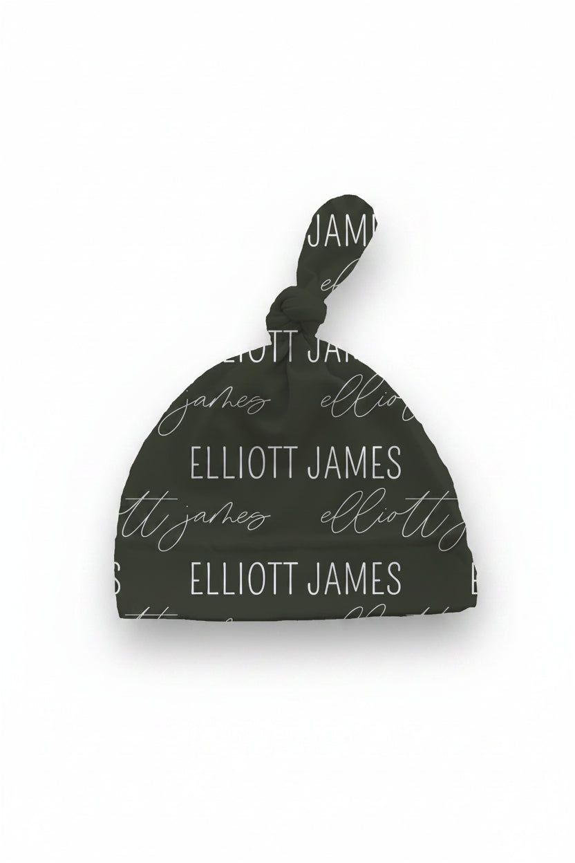 olive green personalized knotted hat 