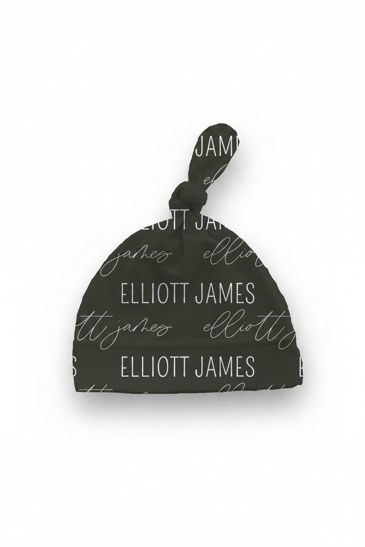 olive green personalized knotted hat 