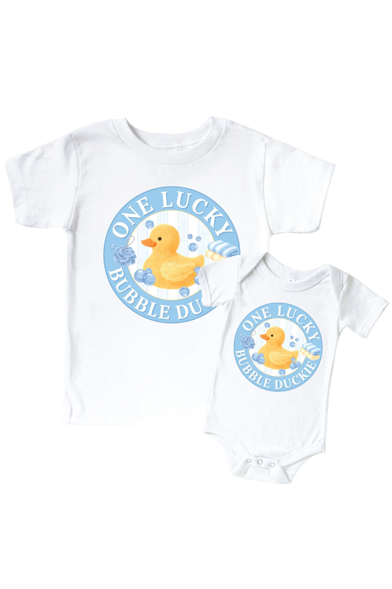 One Lucky Duckie Blue Graphic Bodysuit & Kids Tee | White