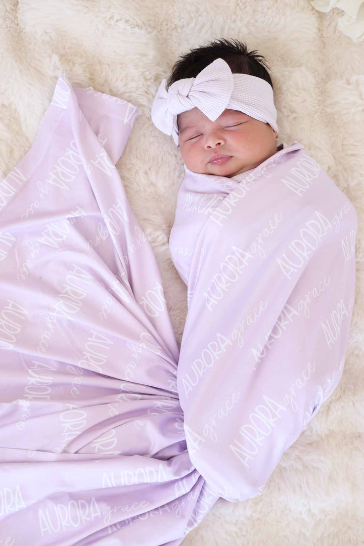 light purple font duo personalized swaddle blanket for girls 