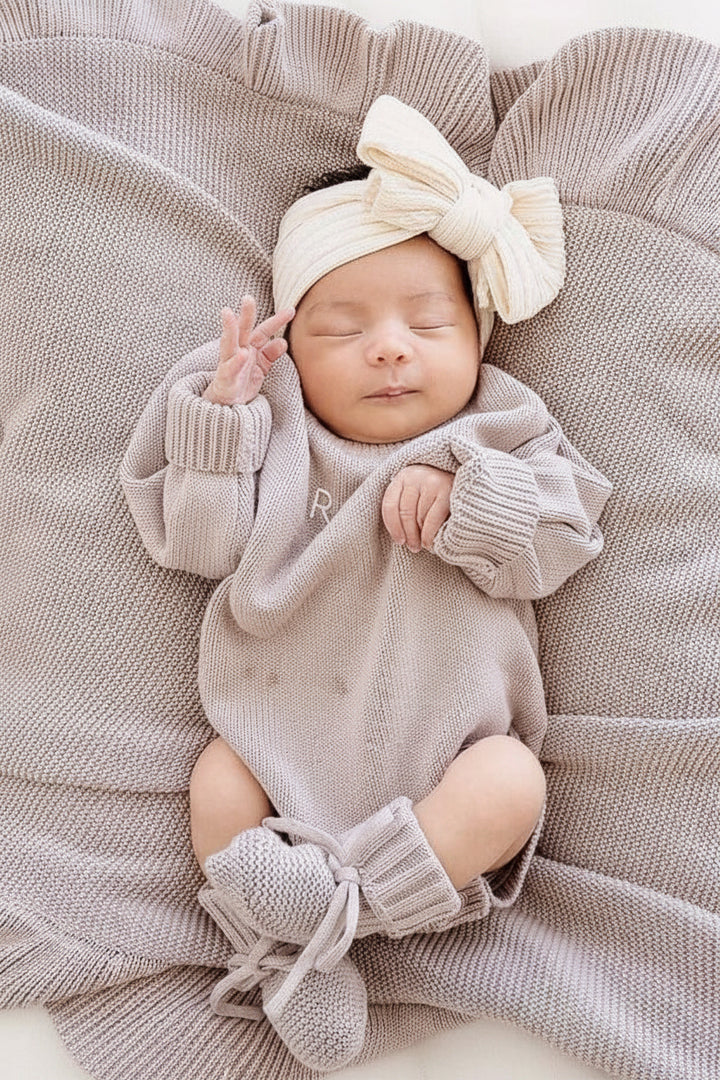 purple personalized sweater romper set for baby