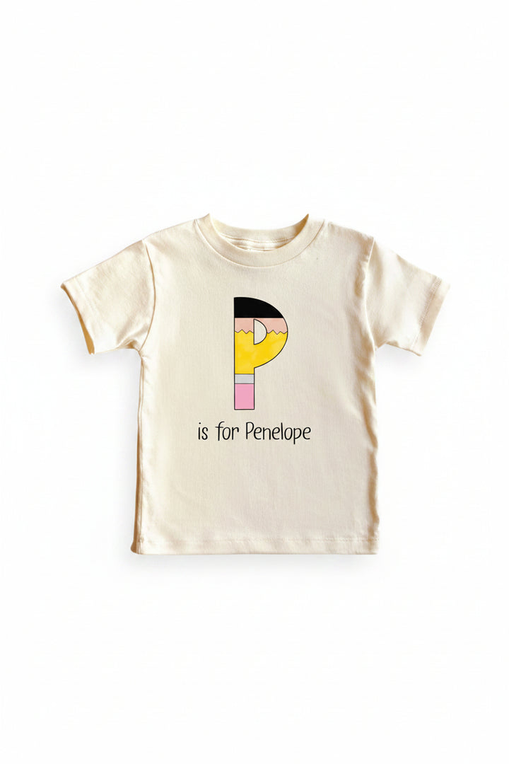 p is for penelope pencil letter personalized graphic tee 