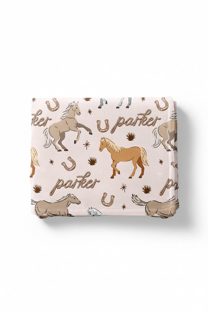personalized kids blanket with ponies and horses print - caden lane