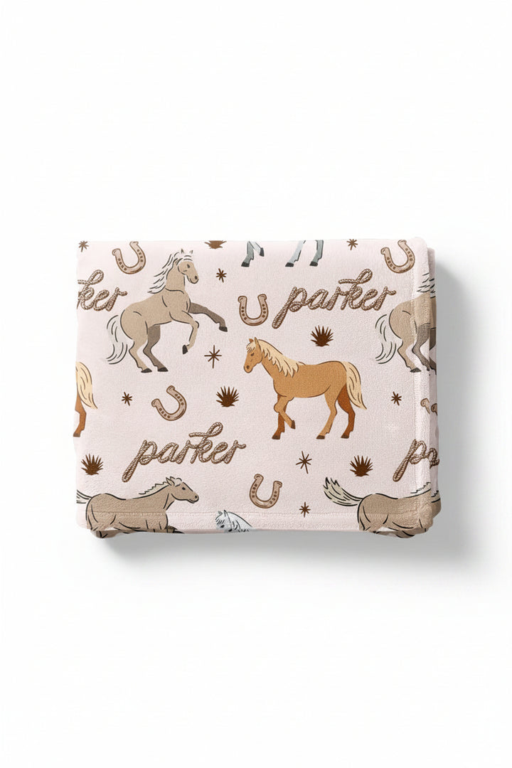 personalized kids blanket with ponies and horses print - caden lane