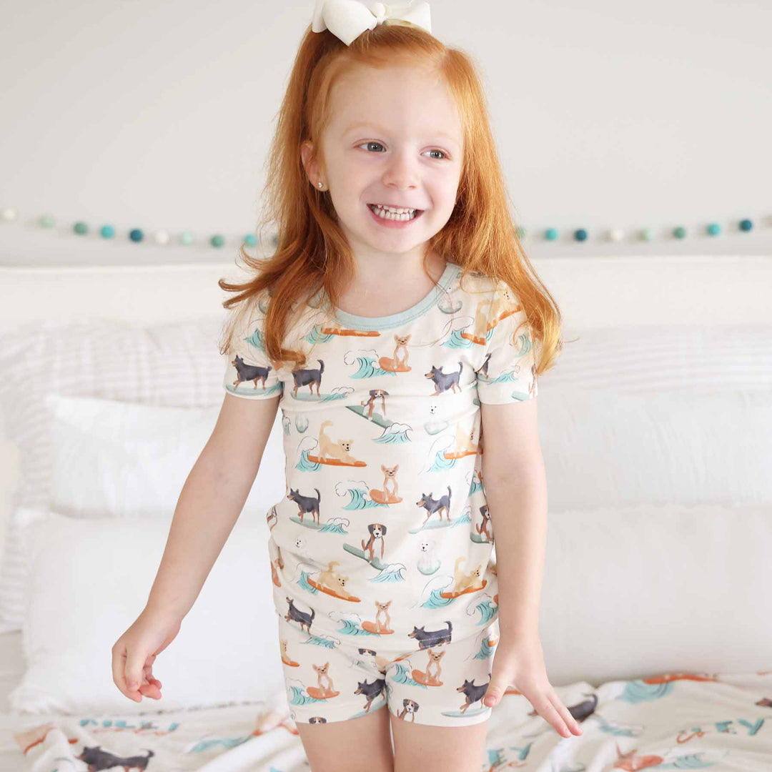 gender neutral surfing dog short sleeve and short two piece pajama set 