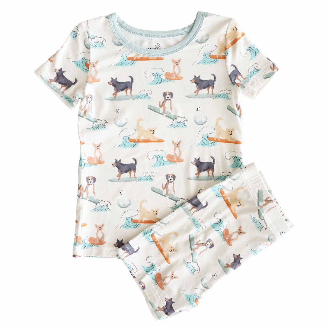 kids short sleeve and shorts two piece pajama set with surfing dogs