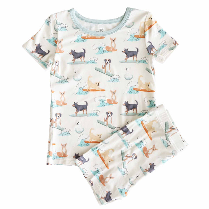 kids short sleeve and shorts two piece pajama set with surfing dogs