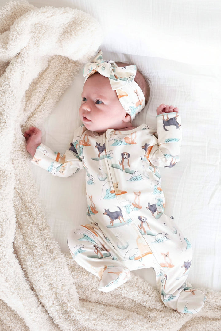 baby girl knit bow headwrap with surfing dogs 