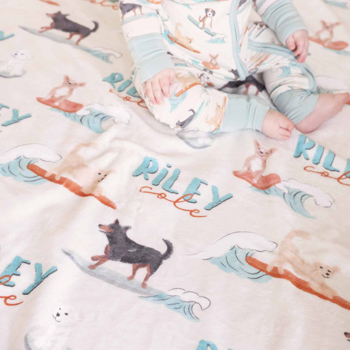 tan, turquoise and orange surfing dog blanket personalized with kids name