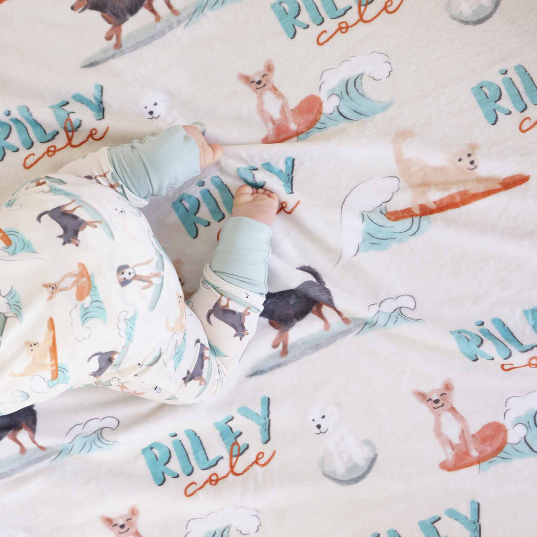 surfing dog personalized name blanket for kids 