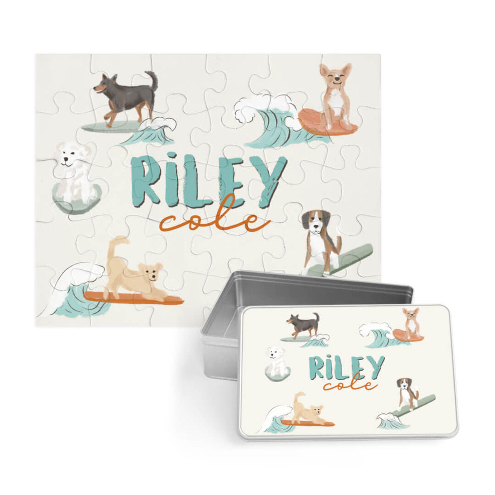 kids personalized puzzle with surfing dogs 