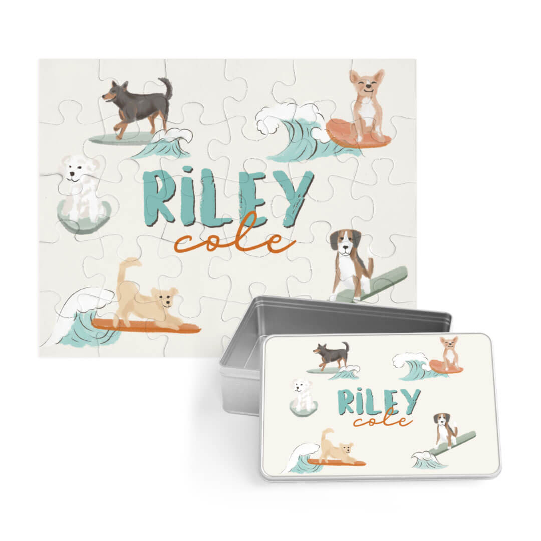 kids personalized puzzle with surfing dogs 