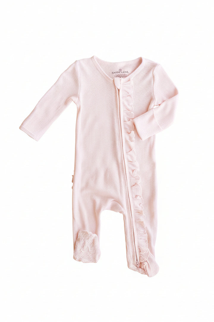 pale pink ruffle zipper footie for baby girls 