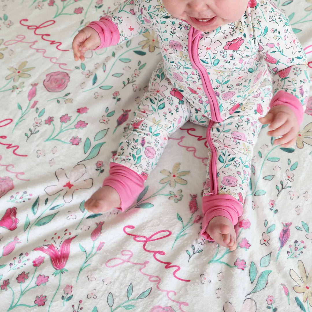 kids personalized blanket with flowers 
