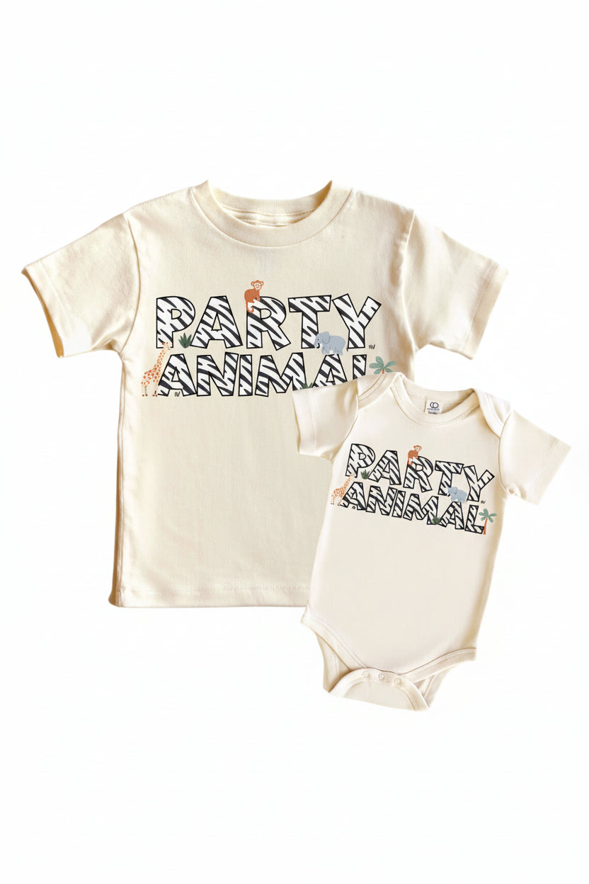 Party Animal Graphic Bodysuit & Kids Tee | Natural