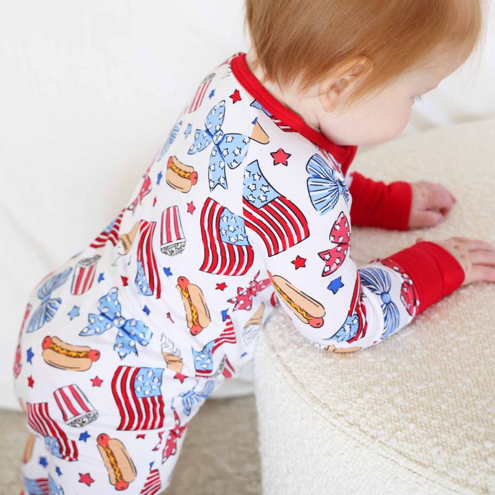 flag, hot dog, popcorn and bow pajama romper for toddlers 