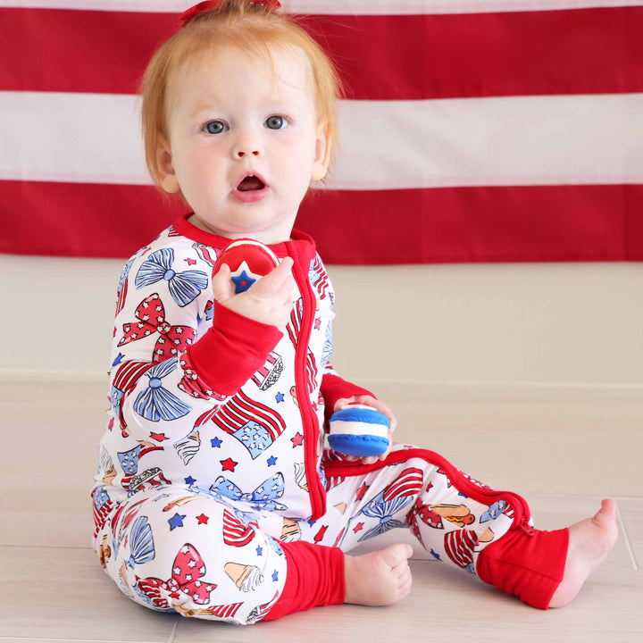 party in the usa bows red, white and blue convertible zip romper for babies and toddlers