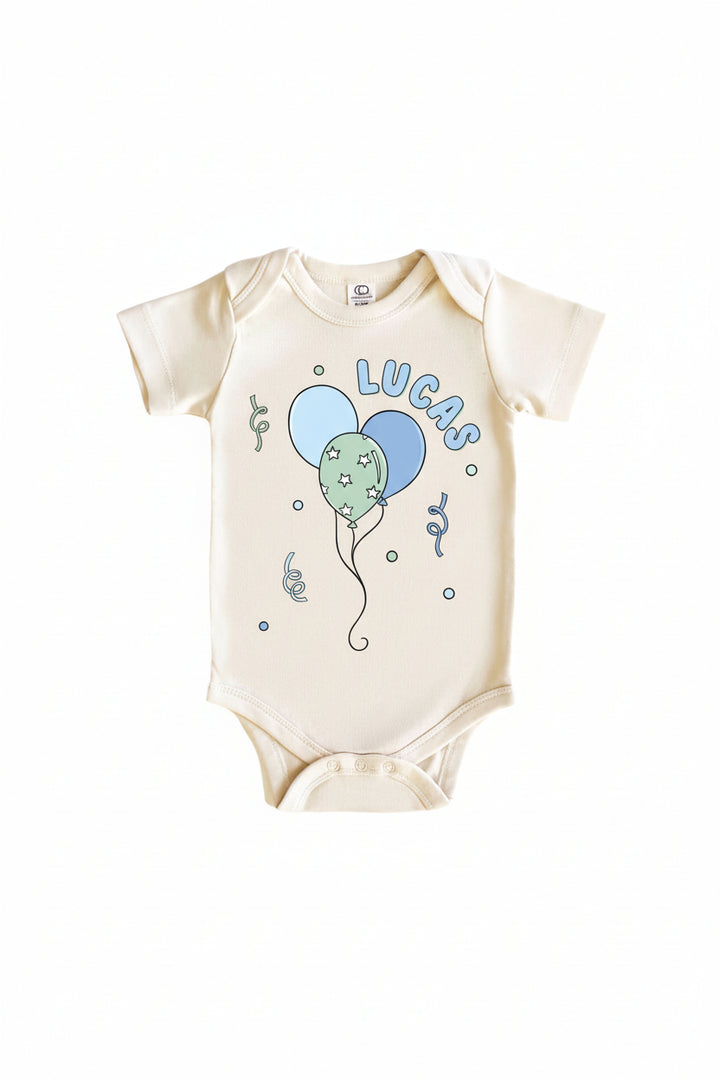 blue and green balloon personalized graphic bodysuit for boys 