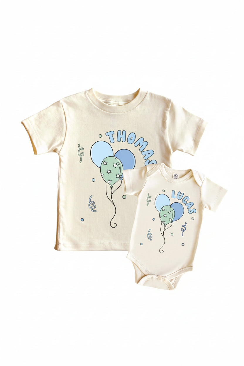 Personalized Blue Party Time Graphic Bodysuit & Kids Tee | Natural