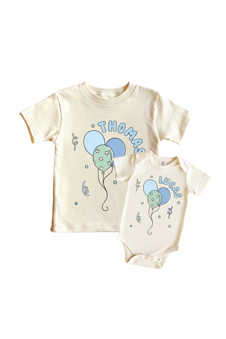 blue and green balloon personalized graphic tee and bodysuit for kids 