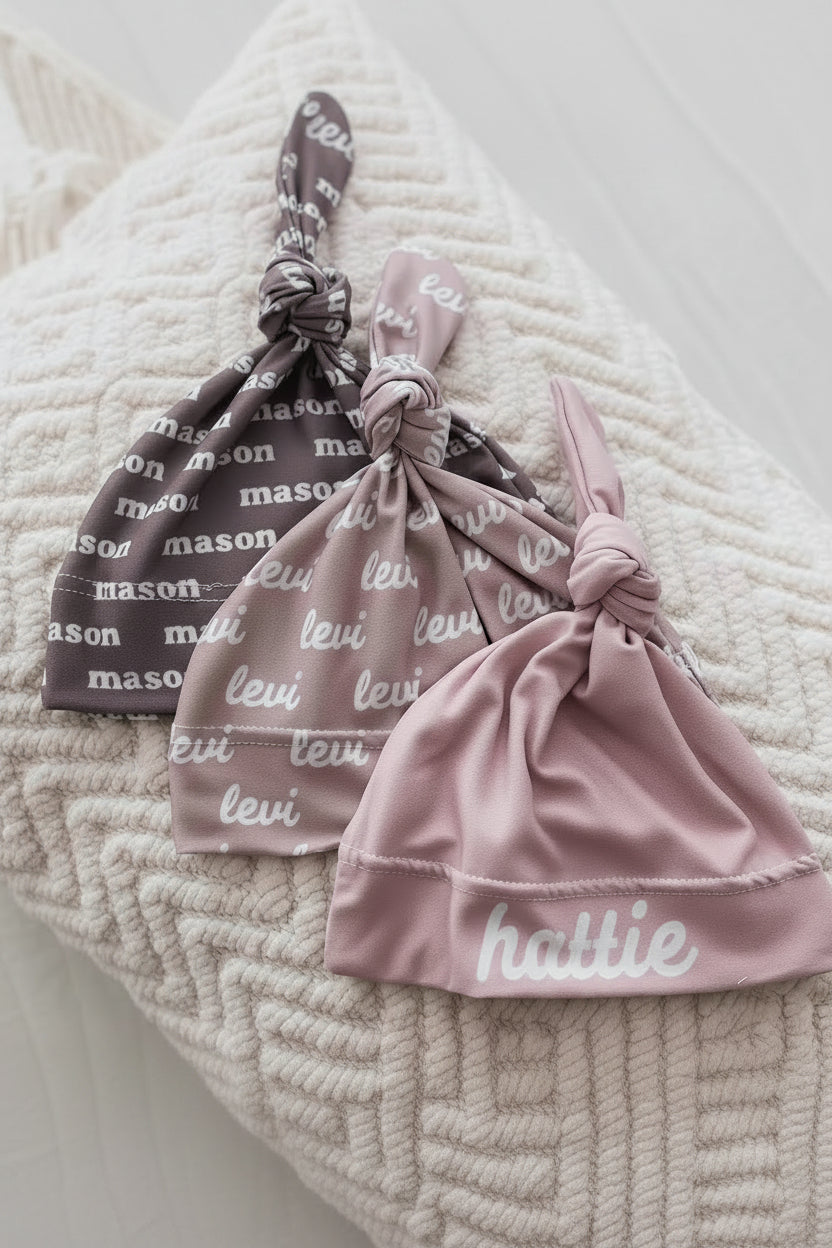 pastel neutrals personalized knotted hats 