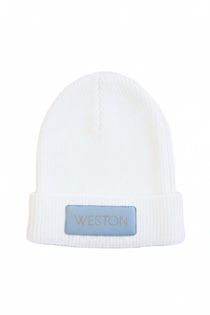 blue personalized leather patch beanie 