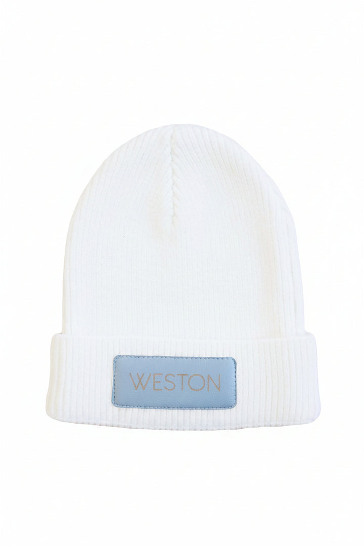 blue personalized leather patch beanie 