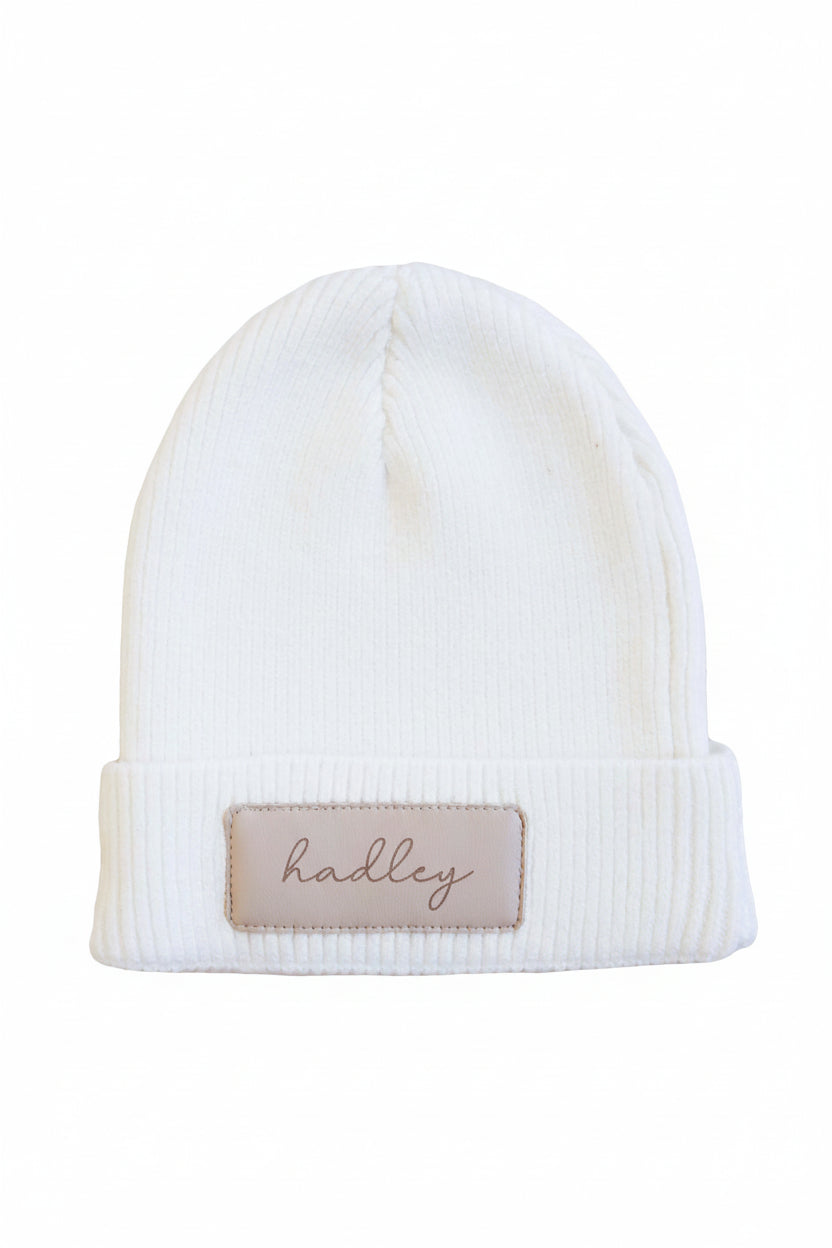taupe personalized leather patch beanie 
