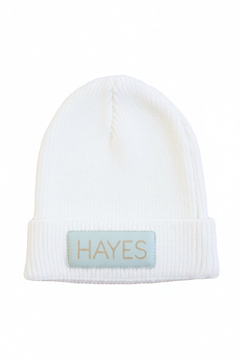 moss personalized leather patch beanie 