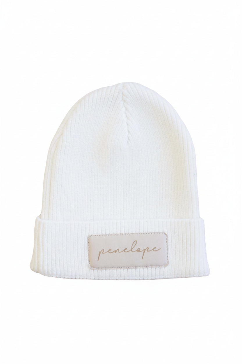 taupe personalized leather patch beanie 