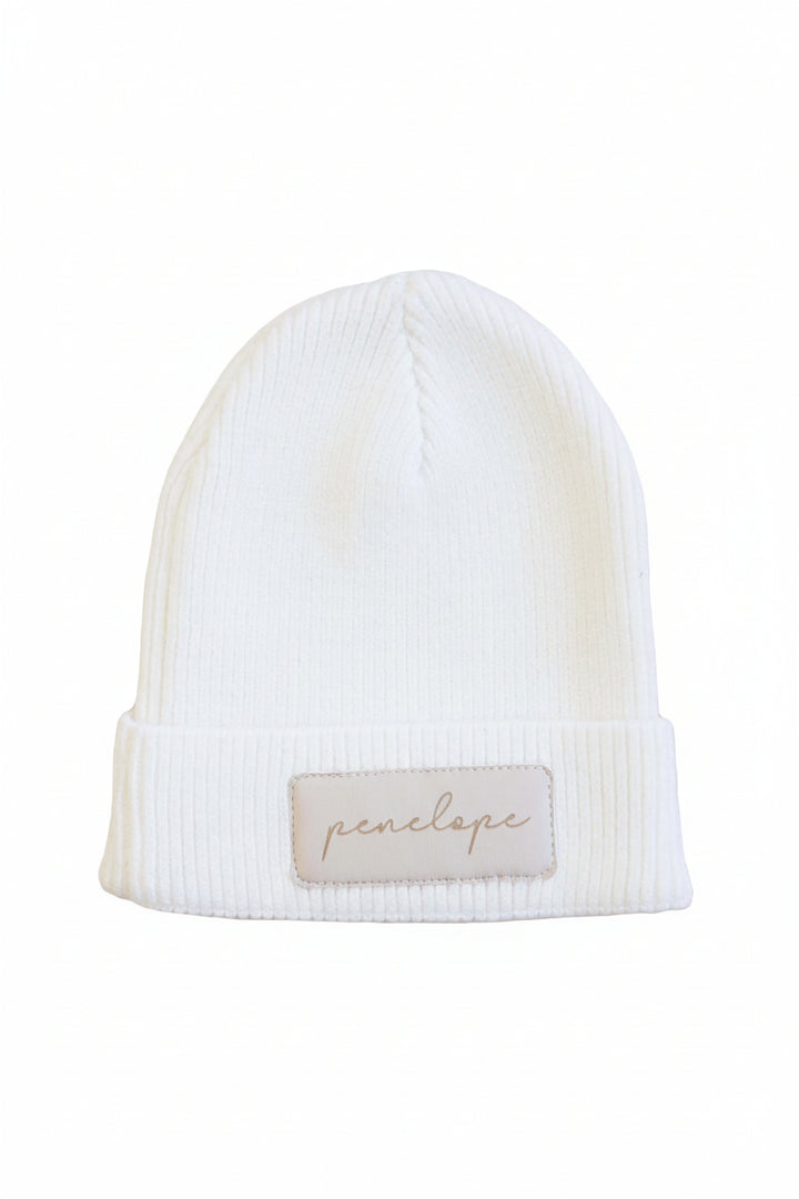 taupe personalized leather patch beanie 