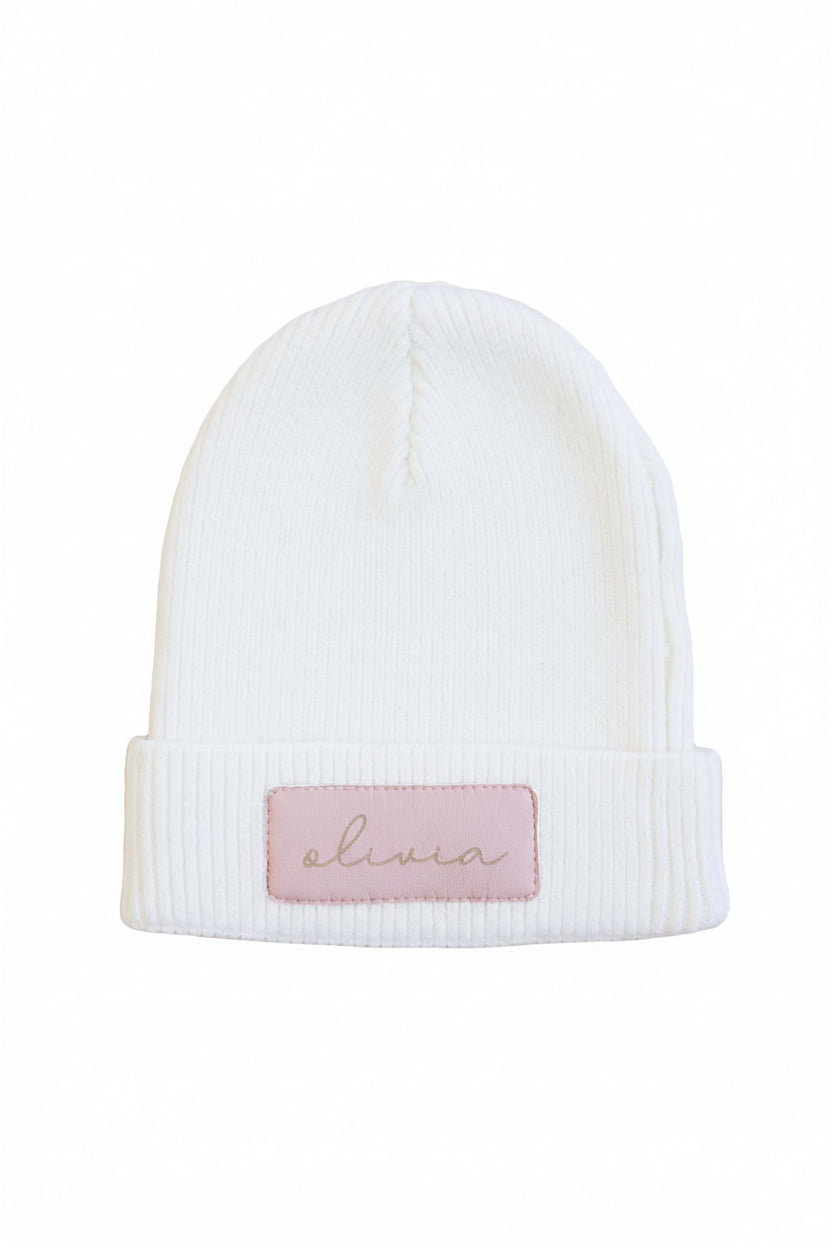 mauve personalized leather patch beanie 