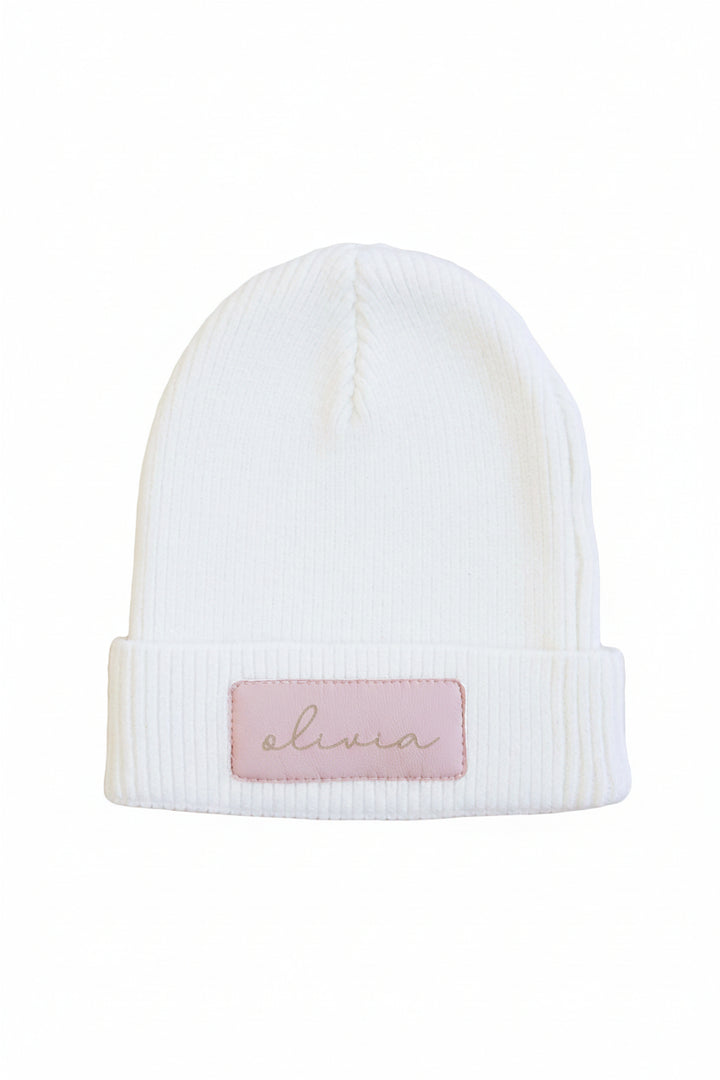 mauve personalized leather patch beanie 