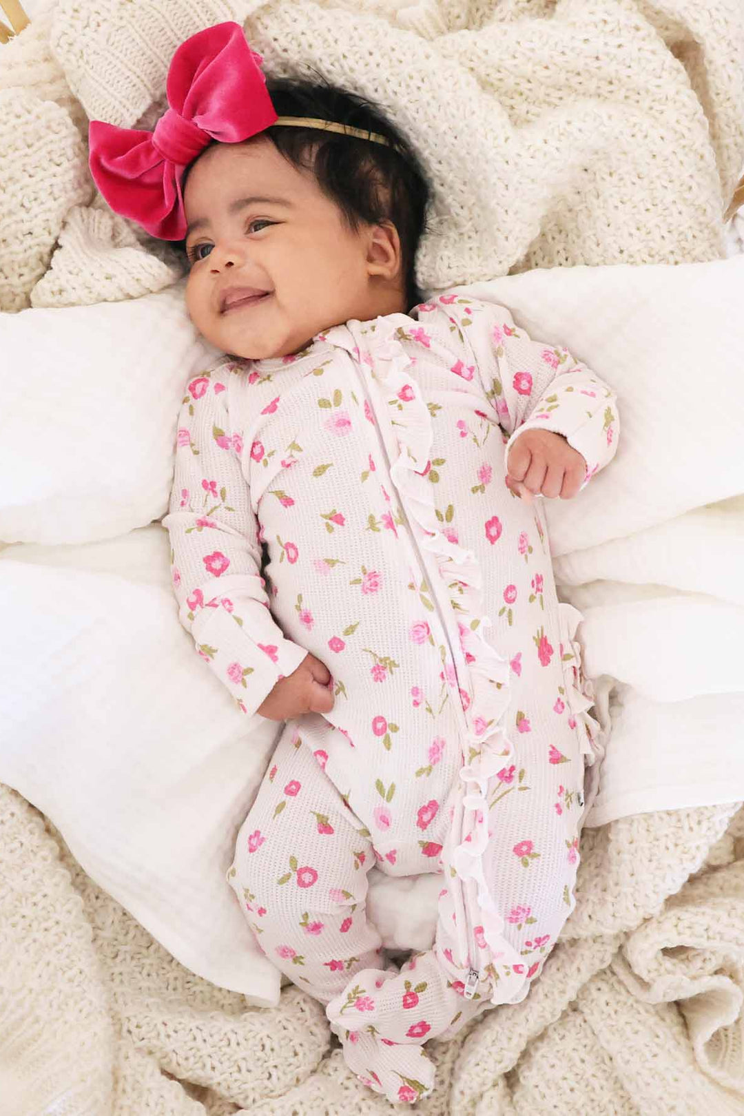 ruffle zipper baby footie white with pink flowers
