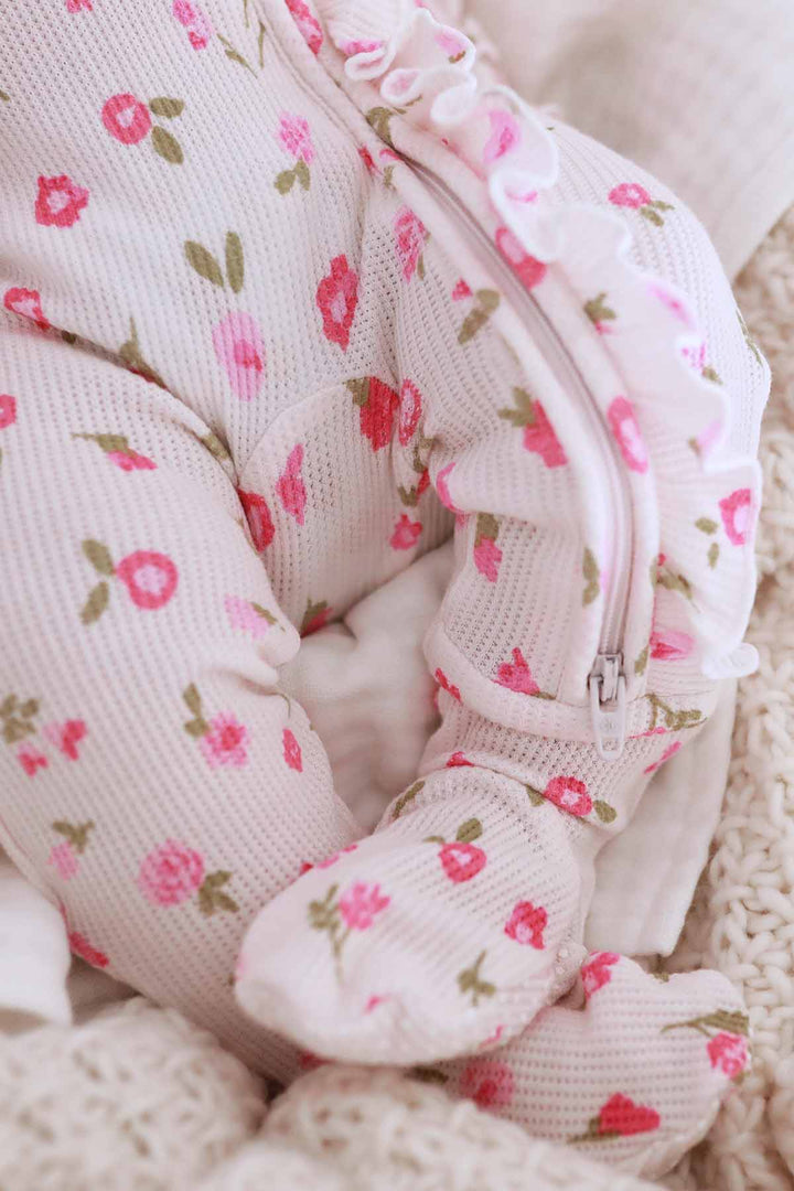 waffle zipper footie for babies pink floral 