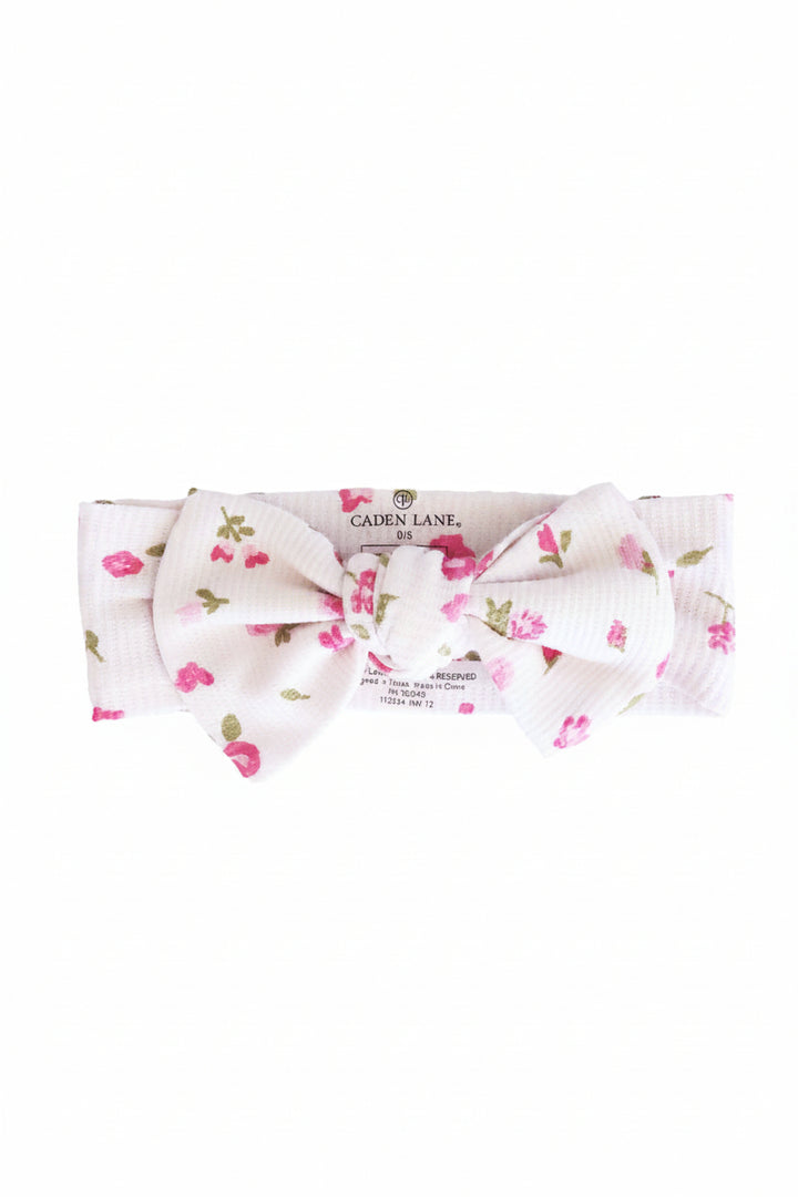 white with pink flowers waffle bamboo knit large bow headwrap
