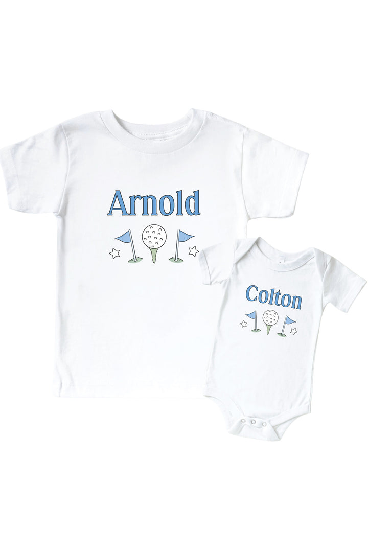 personalized golf graphic bodysuit and kids tee set in white with blue design, caddie crew collection