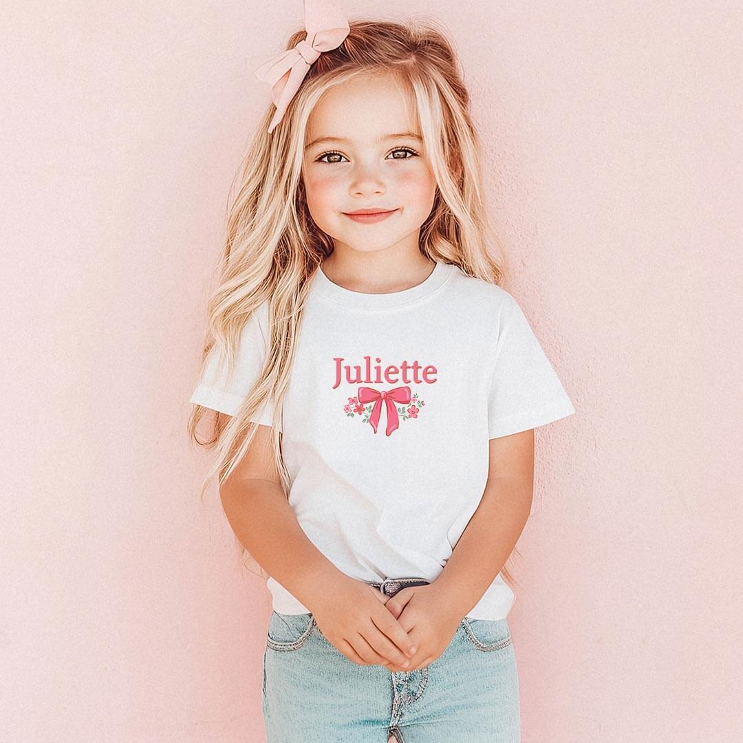 personalized tshirt for girls with name and bow and flowers 