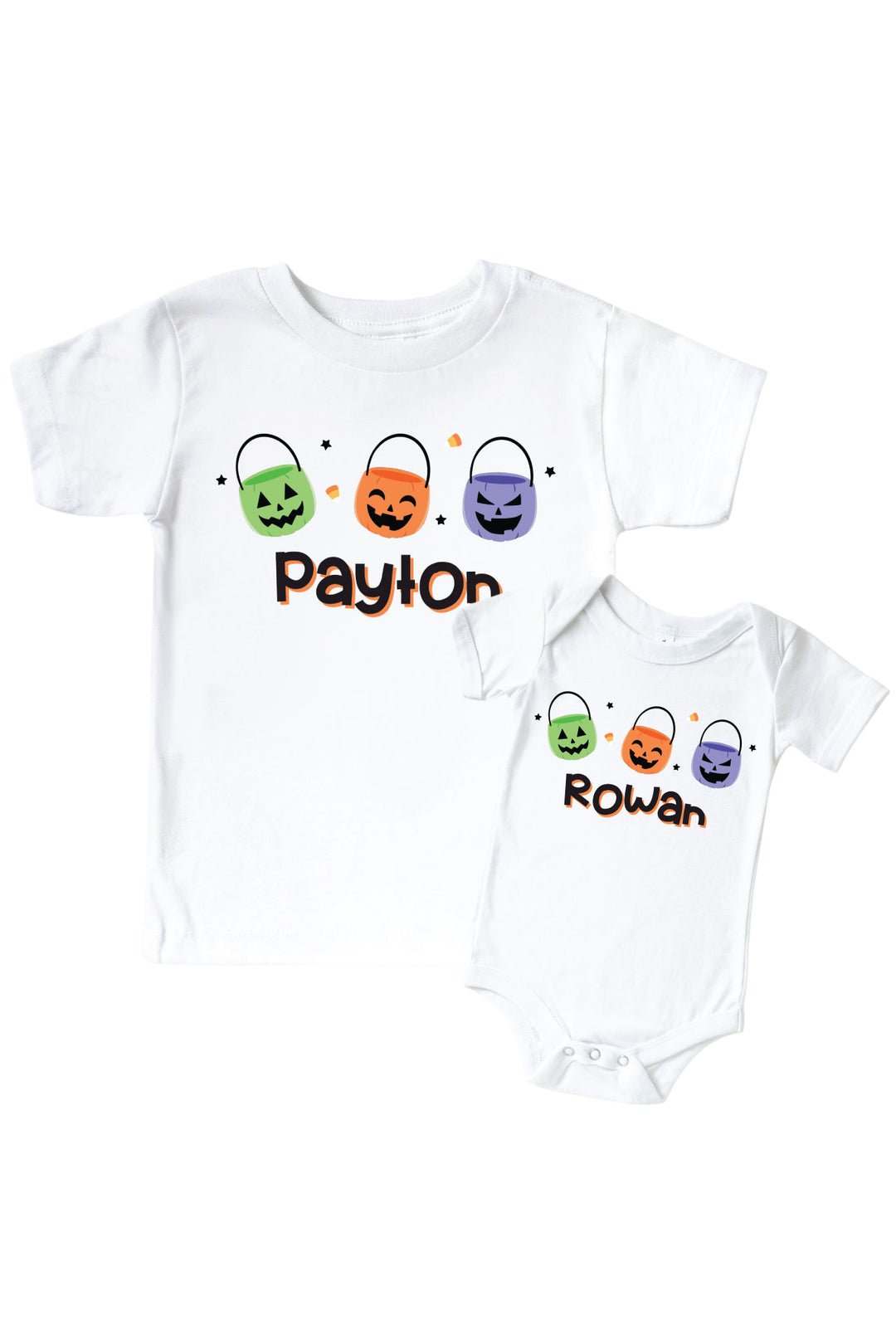 White kids' t-shirt and matching bodysuit personalized with names in orange script below three colorful jack-o-lantern candy bucket icons