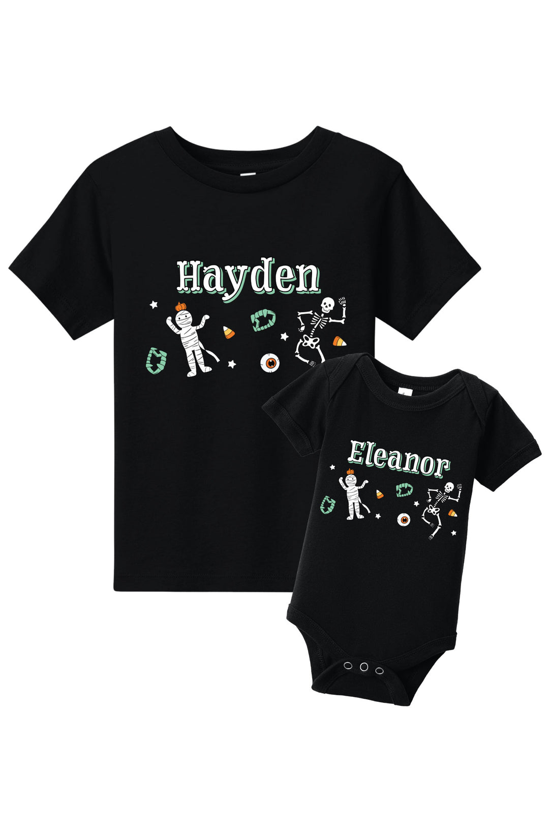 Black t-shirt and baby onesie with personalized names and graphics on a white background