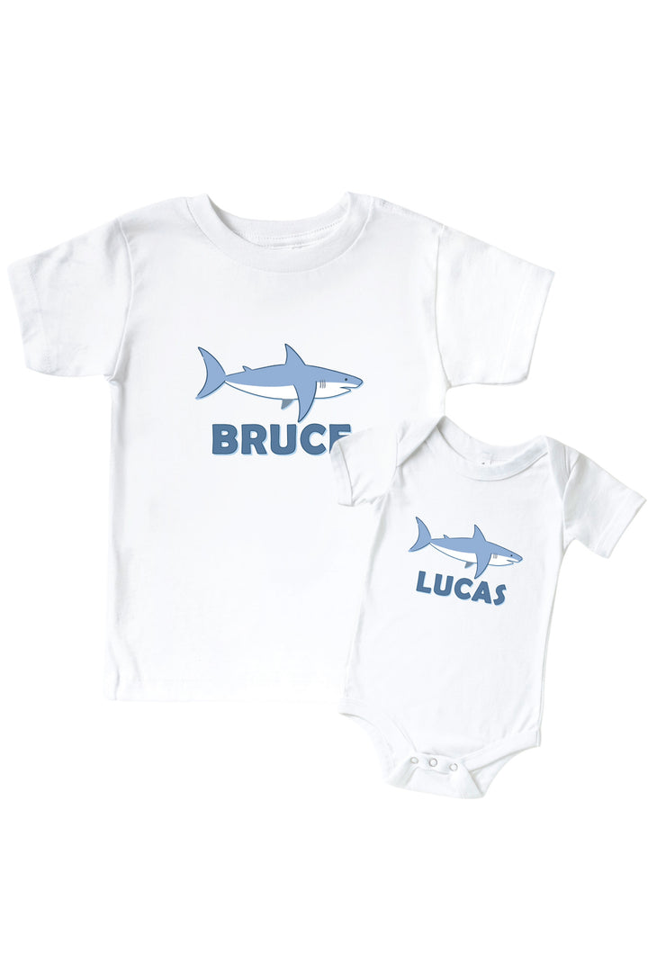 white personalized fin friends shark graphic bodysuit and kids tee