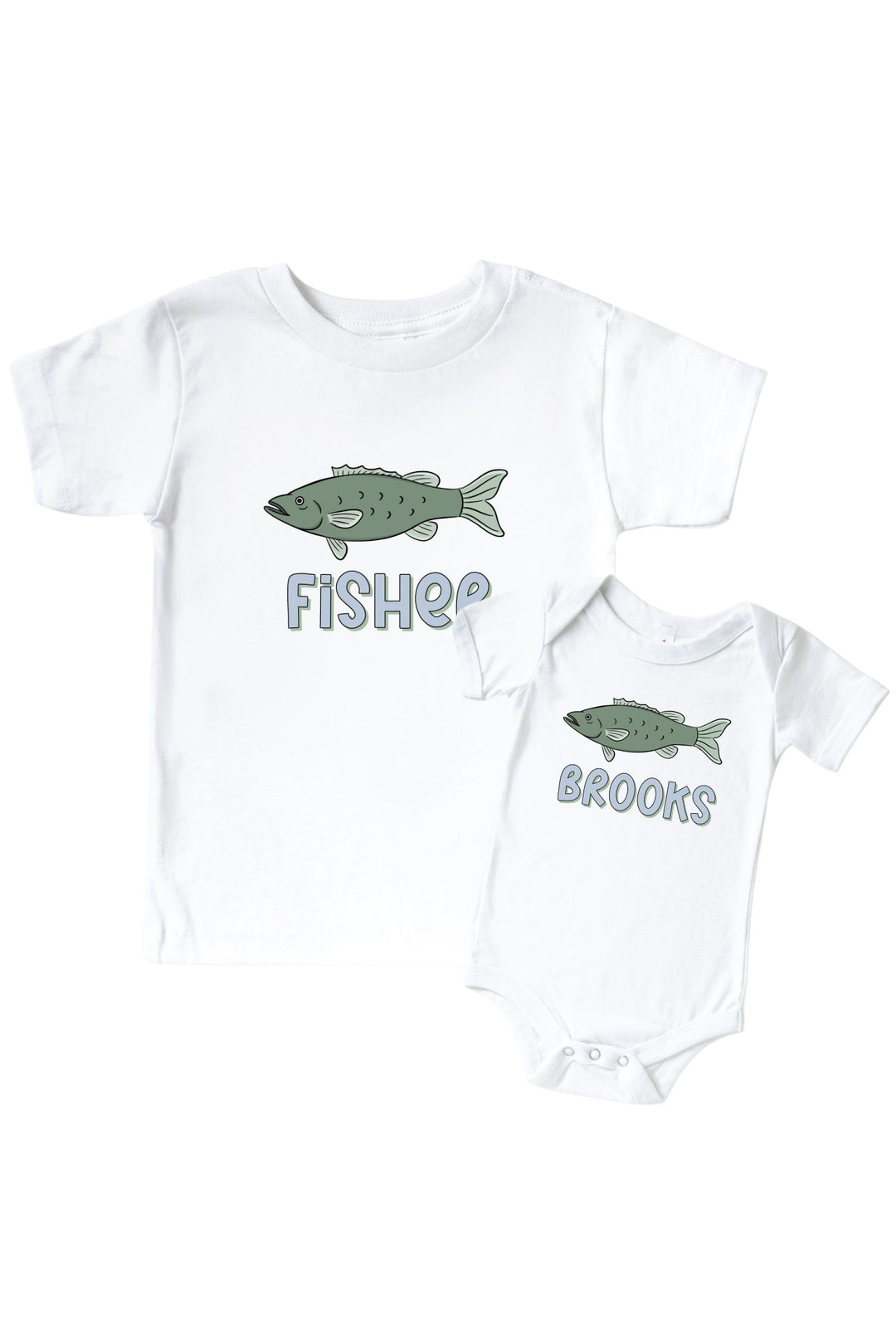 Personalized Off The Hook kids graphic tee and bodysuit set with fish print and custom names flat lay