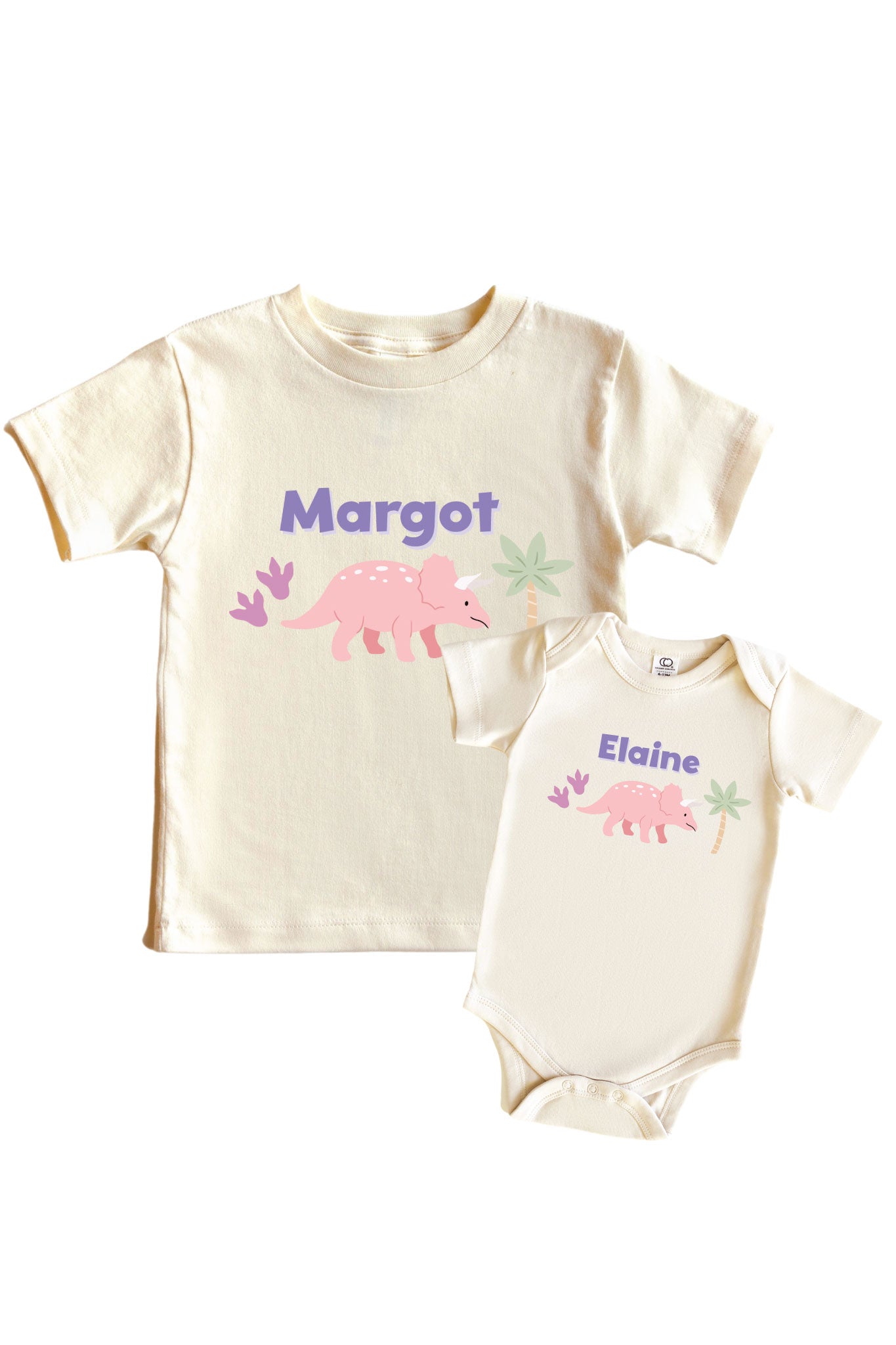 Personalized Little Fossil Pink Graphic Bodysuit & Kids Tee | Natural