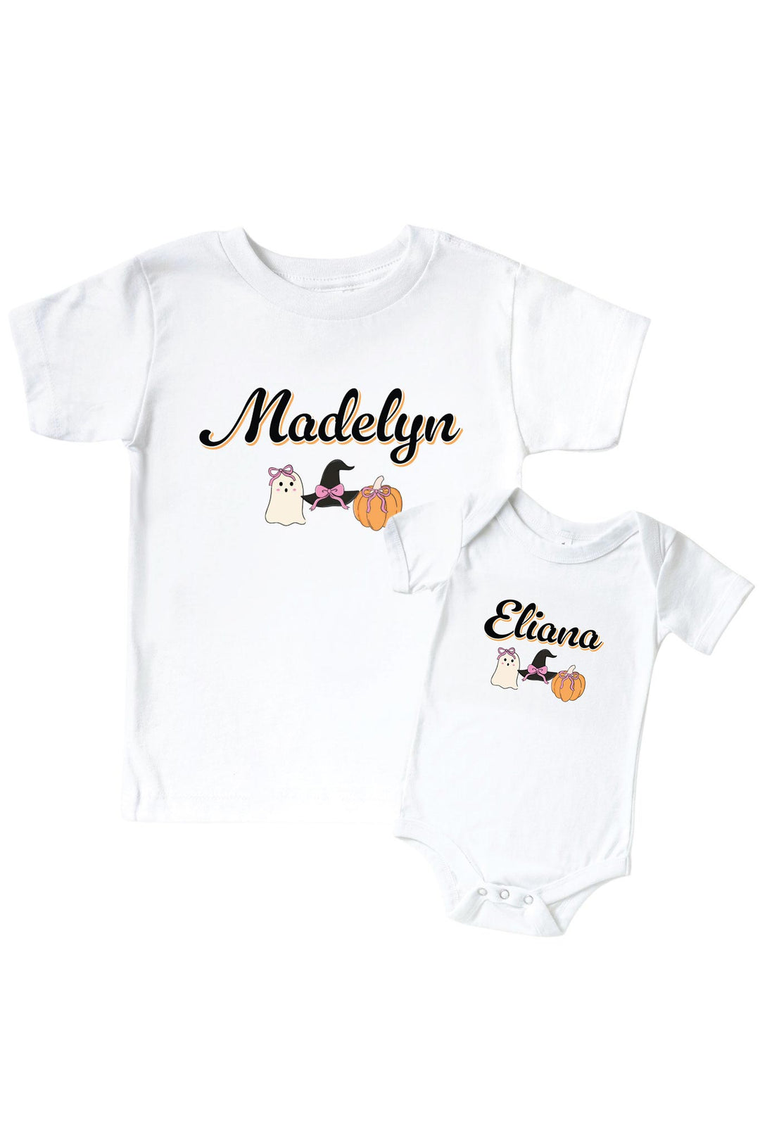Matching white Caden Lane personalized Halloween shirts featuring a custom name in script with a ghost, witch hat, and pumpkin design — shown as a kids' t-shirt and baby bodysuit, personalized here with the names 'Madelyn' and 'Eliana.'