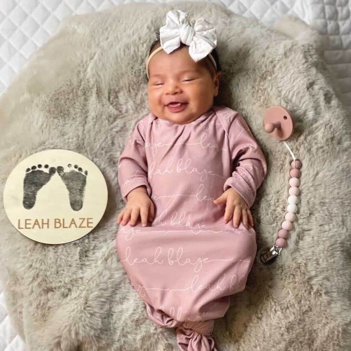 baby knot gown mauve personalized script 
