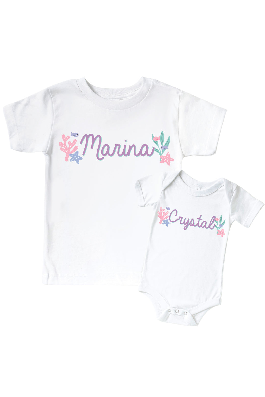 personalized let's be mermaids graphic bodysuit and kids tee in white with mermaid print